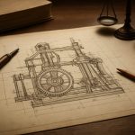 A detailed sketch of a mechanical device with a gear, pencil, and a balance scale on a wooden table.
