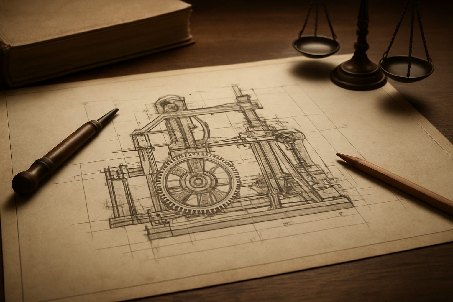 A detailed sketch of a mechanical device with a gear, pencil, and a balance scale on a wooden table.